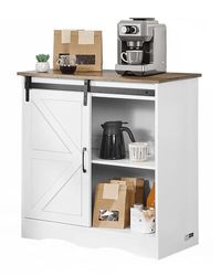 VEVOR Mueble Bar de Café Estilo Rústico de 80 x 35 x 80 cm con Almacenamiento de 3 Niveles, Mesa de Bar de Café con Puerta de Granero, Aparador Tipo Buffet para Entrada, Cocina, Marrón y Blanco