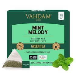 VAHDAM, Tè Verde alla Menta (100 Bustine) Basso Tenore di Caffeina | Te Verde in Foglie di Prima Qualità | In Bustina Richiudibile con Chiusura Ermetica | Tè Verde di Alta Quota