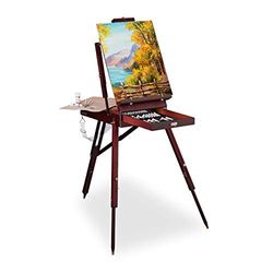 relaxdays Valise chevalet en Bois, 35 pièces, pinceaux, Palette de mélange, Toile, Couleurs acryliques et Huile, Brun