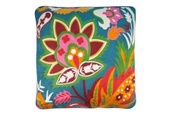 COLORFUL FLOWERS CUSHION WITH BLUE BACKGROUN HANDMADE WITH FILLING