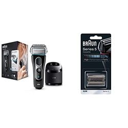 Braun Series 5 Electric Shaver with Precision Trimmer & Clean & Charge Station, Black/Blue Razor & Series 5 Electric Shaver Replacement Head, Easily Attach Your New Shaver Head, Black