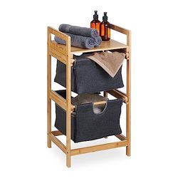 Relaxdays Scaffale Portabiancheria, Mobiletto da Bagno in bambù con 2 Sacchi Rimovibili, 73x36,5x33 cm, Marrone Grigio, Poliestere