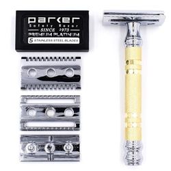 Parker Safety Razor Parker Convertible - Doppia Testa Rasoio di sicurezza (aperti e chiusi pettine testa) e 5 Parker Lame da Rasoio