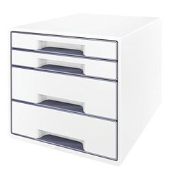 Leitz Buc de 4 Cajones A4 con Rotulador y Bandeja Transparente, Organizador, Gama WOW, Blanco/Gris