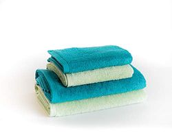 Sancarlos - Lot de 4 essuie-Mains Ocean Duo, 2 lavabos et 2 Serviettes de Bain, Vert émeraude et Vert poudré, 100% Coton, 550 g/m²