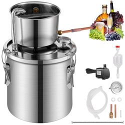 VEVOR Destilador de Alcohol, de Acero Inoxidable de 11,4 L, Kit de Fermentación para Refinación de Cerveza Casera con Termómetro de Doble Pantalla, para Vino, Whisky, Brandy, Plata, Φ 250 x 360 mm