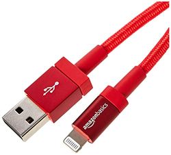 Amazon Basics Cavo di ricarica USB-A a Lightning, certificato MFi, in nylon intrecciato, per iPhone, rosso, 1.8 m