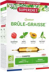 SUPERDIET – QUATUOR BRÛLE-GRAISSE BIO – Guarana, Maté, Thé Vert, Papaye – Fabrication française – Titré en caféine – 2025 mg de plantes – 20 ampoules de 10 ml