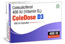 Vitamin D 400 IU –Equivalent to 10 mcg - ColeDose D3, Premium Vitamin - 30 Capsules- One a Day