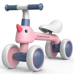 TERRAMUS Loopfiets voor kinderen vanaf 1 jaar, loopfiets, speelgoed voor baby's van 12-24 maanden, eerste fiets zonder pedaal met 4 wielen, voor jongens en meisjes, peuters, eerste verjaardagscadeau