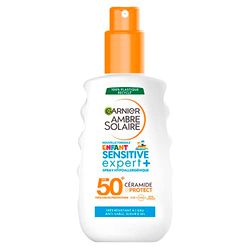 GARNIER Amber Solaire - Spray Sensitive Expert+ Bambino - Alta Protezione Solare FPS 50+ - Protegge da UVA, UVB e UVA lunghi, a base di ceramiche, pelli sensibili, 200 ml