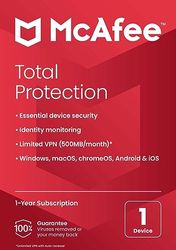 McAfee Total Protection 2023 | 1 dispositivo | Software antivirus de seguridad en Internet | VPN ilimitada | 1 año de suscripción | Por correo (el embalaje puede variar)