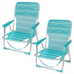 AKTIVE Zestaw 2 składane krzesła plażowe, turkusowe, tekstylenowe i aluminiowe, stałe oparcie, 44x40x72 cm, z uchwytem na ramię i stoperami zapobiegającymi przewróceniu, maks. 100 kg, lekkie i