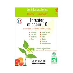 NUTRIGÉE - Infusion Minceur 10 Bio - Double Action - Brûle & Draine - Thé Vert, Café Vert, Guarana, Maté, Reine Des Prés, Bouleau, Frêne, Cassis, Chicorée - Concentrés Végétaux Solubles - 30 Sachets
