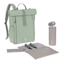 LÄSSIG Baby skötryggsäck skötväska ryggsäck med skötunderlag, barnvagnsfäste, flaskhållare hållbart tillverkad/GRE Rolltop Up ryggsäck silver grön