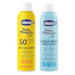 Chicco Set Protezione Solare da Viaggio, Spray SPF50+ 150ML e Acqua Rinfrescante Spray Lenitiva e Idratante, per Pelle Sensibile del Bambino, Resistente all'Acqua, 0 Mesi+