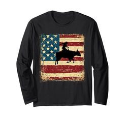Patriotic Rodeo Horse Cowboy Bull Rider USA Bandera estadounidense Manga Larga