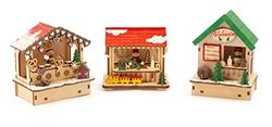 Small Foot Lampenset kerstmarkt van hout, kerstdecoratie met drie houten hutten met licht voor de vensterbank, 11390