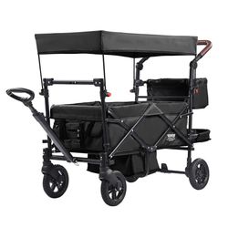 VEVOR Carro Plegable de 2 Asientos Carga de 25kg Cochecito con Asa Ajustable Cinturón de Seguridad Toldo Extraíble Rueda de Freno Carro de Transporte Multifunción para Camping, Playa, Negro
