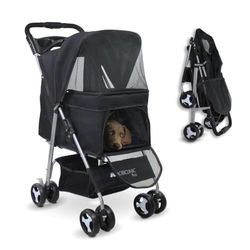 Mobiclinic® pets, Poussette pour chien pliable, Les petits et chiens âgés, Zuma, Jusqu'à 15 kg, Roues avec freins à 360°, Panier xxl, 3 fenêtres, Porte-gobelet (noir)