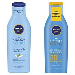 Nivea Sun Protect & Bronze Latte Solare con Attivatore di Melanina, FP20, 200 ml + Nivea Sun Latte Doposole Hydrate, Rinfrescante e Lenitivo con Aloe Vera, 200 ml