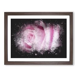 Pink Rose Flower Vol.1 Paint Splash Modern Art Framed Wall Art Print, Ready to Hang Picture for Living Room Bedroom Home Office Décor, Walnut A2 (64 x 46 cm)