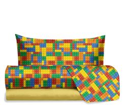 Jolly, Set Lenzuola Letto Singolo Bricks Mattoncini Lego, 100% Cotone, Lenzuolo Sopra + Lenzuolo con Angoli + Federa, Completo Letto Cameretta