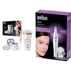 Braun Silk-épil 9 Epilator for Long-Lasting Hair Removal with Electric Shaver & Trimmer, Rose Gold & FaceSpa Face Epilator, Hair Removal with Facial Cleansing Brush Head, SE810, White