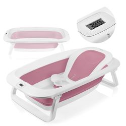 LIONELO BABYBUBBLE Baignoire pliable pour bébé de 0 à 3 ans avec thermomètre et réducteur de siège de bain portable en silicone, bouchon d'échappement antidérapant, stable et compact pour voyage