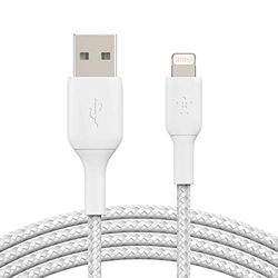 Belkin flätad Lightningkabel (boost laddningskabel till USB-kabel för iPhone, iPad, AirPods) MFi-certifierad laddningskabel för iPhone, flätad belysningskabel 3 m Vitt