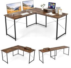 FANTASK 150 x 150 x 74 cm - Bureau d'angle réversible en Forme de L avec 3 Trous pour câbles - avec Support pour écran - Bureau d'ordinateur de Jeu - Marron Rustique