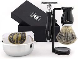 Set de afeitado clásico de 5 piezas con brocha de pelo de tejón, maquinilla de afeitar, soporte para maquinilla de afeitar, bol de acero inoxidable y jabón