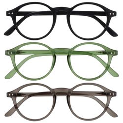 OPULIZE REY Gafas de Lectura - Pack de 3 - Montura Redonda Retro - Negro Mate, Verde, Gris - Hombre Mujer - Bisagras de Muelle - RRR56-167 - +1.50