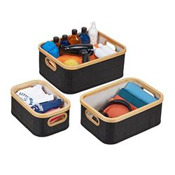 Relaxdays opbergmand set van 3, opbergboxen met elk een verschillende grootte, met handgrepen, bamboe & polyester, zwart