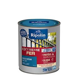 RIPOLIN - Peinture pour Fer Extérieur - Glycéro Antirouille - Sous-couche intégrée - Application directe sur Rouille - Résistante aux Intempéries, UV et Chocs - Brillant - 0,5L - Bleu Océan RAL 5017