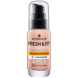 essence Cosmetics FRESH & FIT FOUNDATION, make-up, nr 40 fräsch solbeige, nude, närande, slätande, med vitaminer, naturlig, vegansk, utan parabener, mikroplastpartiklar fri (30 ml)