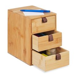 Relaxdays bureau organizer, 3 lades, bamboe, HBD: 21 x 15 x 20 cm, kleine ladeblok werkkamer & kantoor, badkamer, natuur