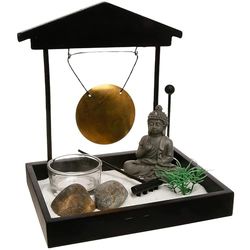 Well Home - Jardín Zen Estilo japonés Decorativo Incluye Figura, Piedras, portas Velas, Gong, rastrillo y Arena, en Color Negro, 16,5 x 15 x 12 cms.