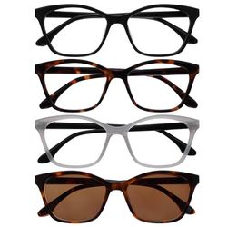 OPULIZE KAT Set di 4 Occhiali da Lettura e da Sole - Montatura a Occhi di Gatto - Nero/Marrone/Grigio/Marrone - Uomo e Donna - RRRS59-1272 - +2.50