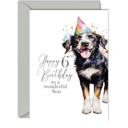 6th Birthday Cards for Son - Party Dog - Happy Birthday Card for 6 Year Old Son from Dad Mum, A5 Bday Boys Boy Kids Greeting Cards Gift for Son Birthday Gifts