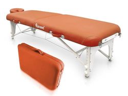 QUIRUMED Camilla shiatsu Pliable en Bois 211 x 60 cm, Couleur Orange, Simili Cuir, réglable en Hauteur, tête Amovible, Structure renforcée, jusqu'à 185 kg