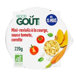GOOD GOÛT - Mini-Raviolis À La Courge, Sauce Tomate Et Carottes - Plat Cuisiné Pour Bébé - Dès 15 Mois - Avec Morceaux - Fabriqué En France - Assiette Micro-Ondable - 190g
