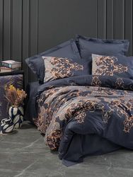 Nuit Des Rêves Luxurious Satin Quilt Cover Set (135 x 200 cm), Dark Blue & Gold, 100% Cotton, Reactive Print, Machine Washable, Button Closure, Elegant Bedding for Modern Bedrooms