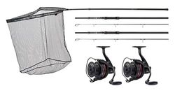 JRC Rova Carp Fishing Set Up - Een hoogwaardige karpercombo inclusief 3 meter 3 pond testcurve hengels, 7000 rollen, schepnet en schepnet handvat. Ontworpen voor heimelijke tactieken bij het