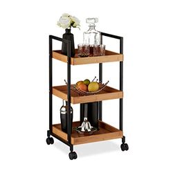 Relaxdays 10027598 Serving Trolley, Modern Kitchen Cart, Bamboo & Iron, 3 Tiers, Square, 4 Castors, 69.5 x 37 x 34 cm, Natural, plastic