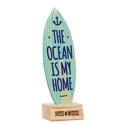 Miss Wood mini surfplank van hout, incl. houder, grenen, blauw