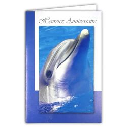 C1050/1 Happy Birthday Card with Beige Envelope – Smiling Dolphin Taking Its Head Out of the Blue Turquoise Sea Ocean – Card that Opens on a White Interior to Write Your Message