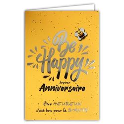 AFIE 69-9032 - Tarjeta feliz para cumpleaños, color plateado brillante y sobre de 12 x 17,5 cm, diseño de abeja amarilla, para ser feliz es bueno para la salud deseos – interior blanco – creación de