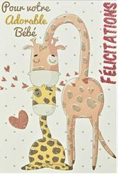Greeting Card with Glitter Congratulations to Parents Welcome Baby Girl Mum Giraffe Animal Hearts Pink Cute Made in France
