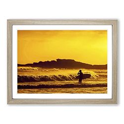 Surfer Surfing Sunset Seascape Modern Framed Wall Art Print, Ready to Hang Picture for Living Room Bedroom Home Office Décor, Oak A4 (34 x 25 cm)